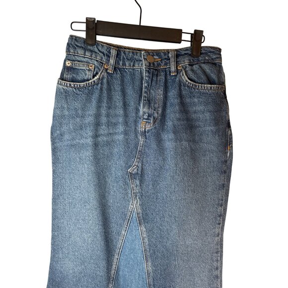 Zara Denim Maxi Skirt XS High Waist Distressed Hem Blue - Picture 3 of 13